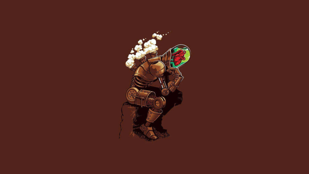Copper-toned steampunk robot with glass dome heart and chimney vent on deep brown background Wallpaper
