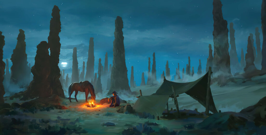 Midnight Serenade: An Animated Cowboy Campfire Wallpaper with a Majestic Horse and Lone Rider