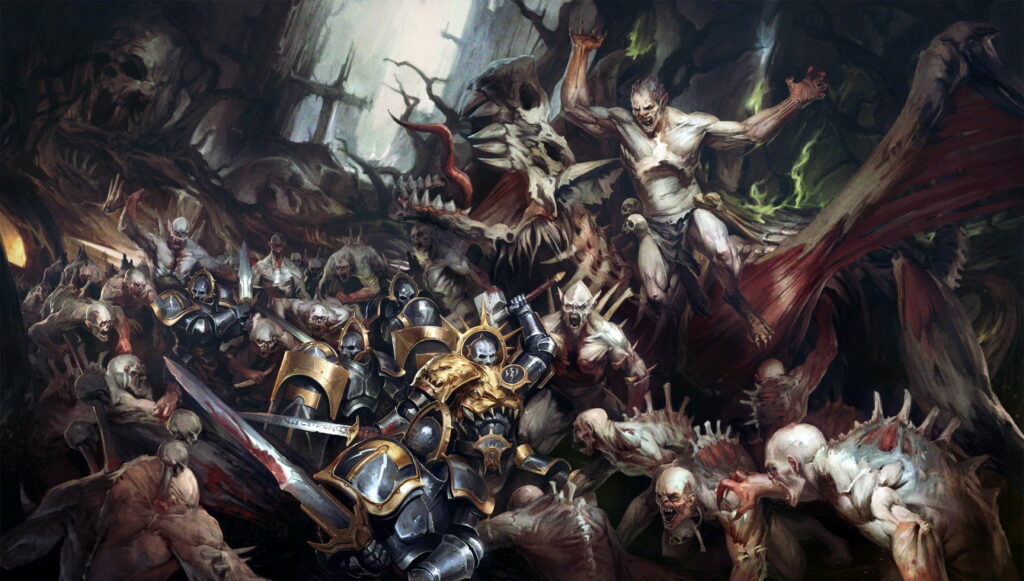 Lone warrior stands against creepy monster horde in fantasy scene HD wallpaper