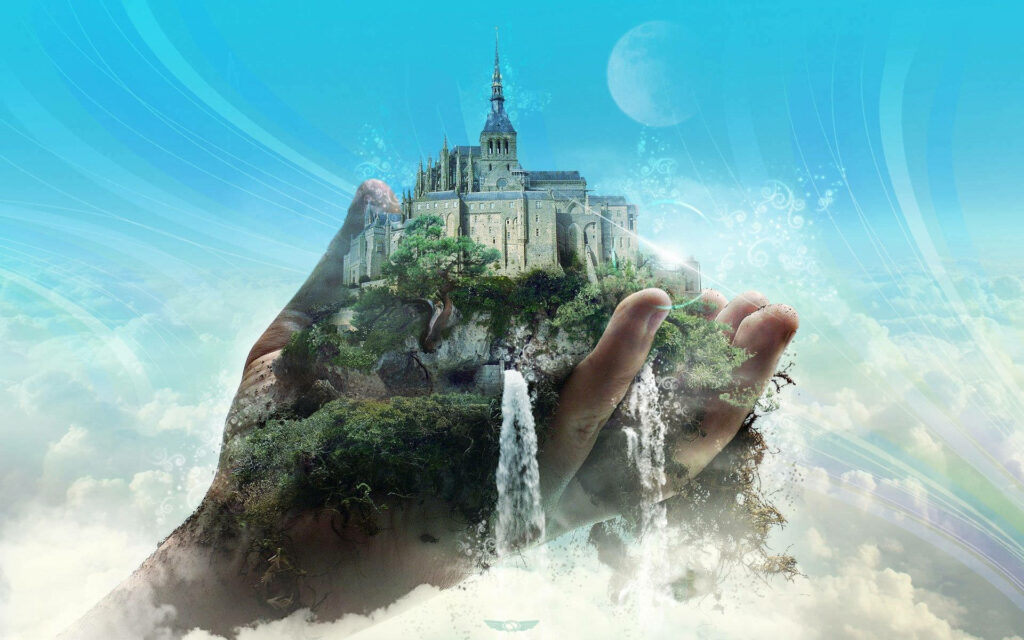 The Majestic Castle Cradled in the Hand of a Sky Giant Wallpaper