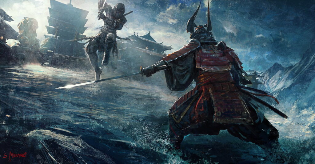 Samurai Clash: Epic Battle of the Fantasy Warriors Wallpaper