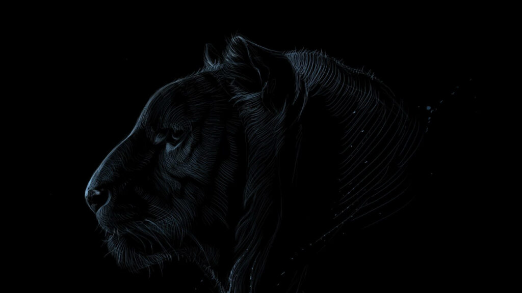 Roaring Majesty: A Rare Black Lion Profile Wallpaper Against a Pitch Black Backdrop