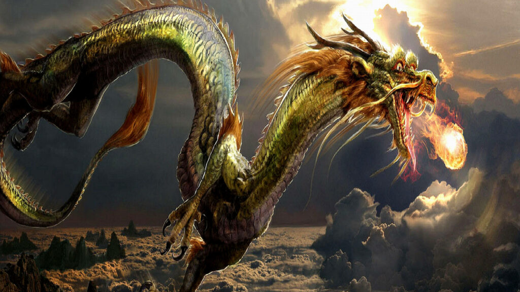 Skybound Majesty: A Stunning Edit of a Mighty Chinese Dragon Against a Dramatic Cloudscape Wallpaper