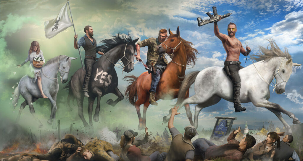 The Dominance of Joseph Seed: Heralds of Far Cry 5 Lead a Foreboding Parade Amidst a Surreal Sky and Enveloping Vapors Wallpaper