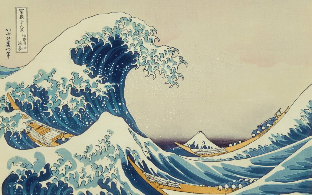 Japanese Classic: The Great Wave off Kanagawa - A QHD Wallpaper with Retro Background and Powerful Wave