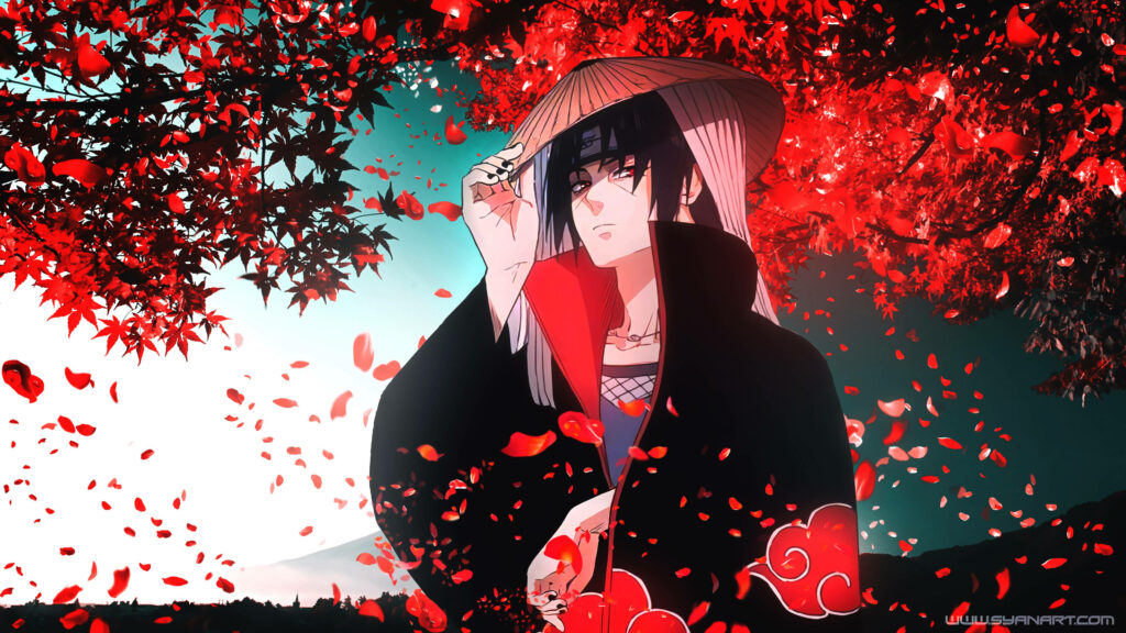 Red Leaf Reflections: Itachi's Artistic 4k Ultra HD Naruto Wallpaper