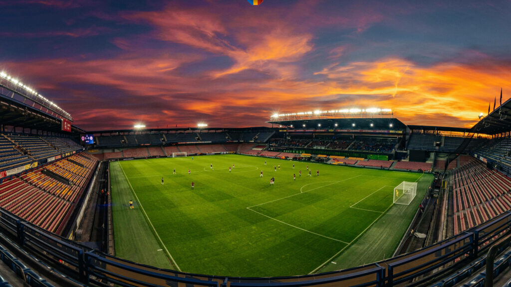 Fiery Skyline: Captivating 360° Panorama of the Letná Football Stadium in Prague, Czechia Wallpaper