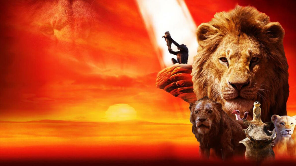 Pride Rock's Majestic Sunset: A Stunning Snapshot of The Lion King Family in the Iconic 2019 Walt Disney Pictures' Remake Wallpaper