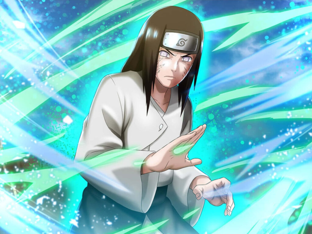 Synchronized Energies: Neji Hyuga Mastering the Palm Rotation Move among Radiant Light Blue and Mint Green Auras Wallpaper