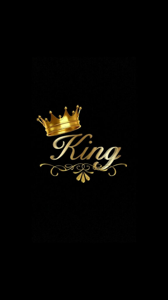 King wallpaper with gold crown and ornate script on deep black background regal design