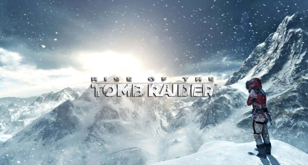 Majestic Heights: Lara Croft's Adventurous Encounter with Snow-Capped Peaks Wallpaper