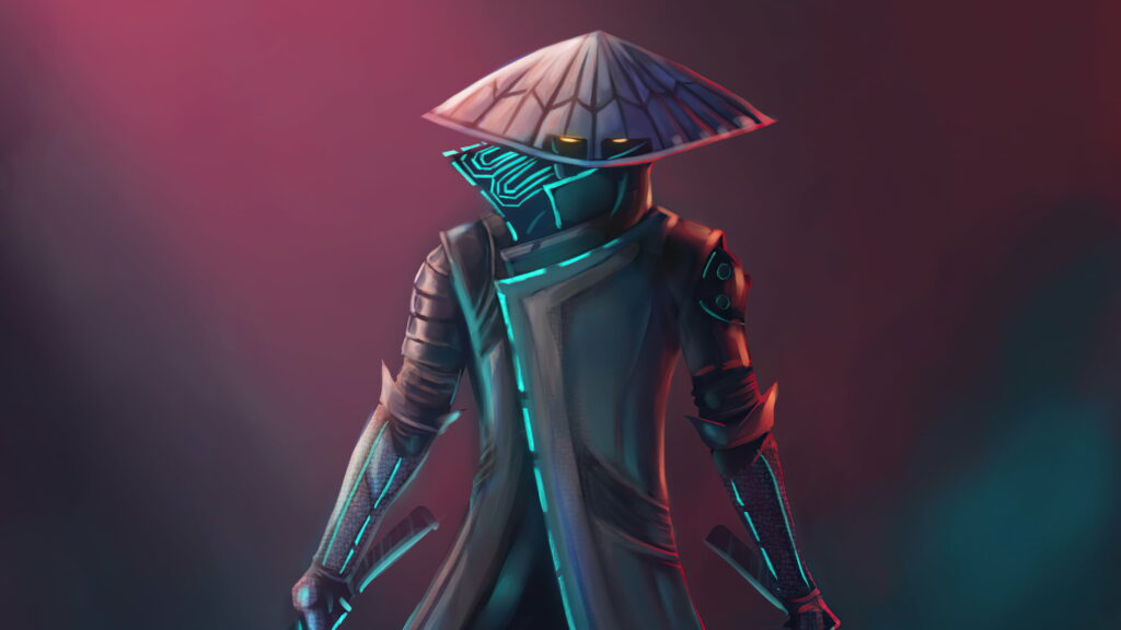 Fierce Guardian: HD Wallpaper of a Majestic Samurai Hat-Wearing Warrior in a Fantasy Realm