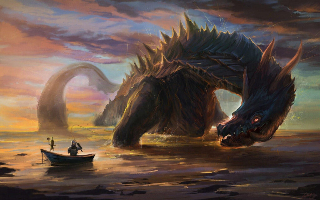 Legendary Creature Roaming the Seas: A Stunning Sea Dragon Painting Wallpaper