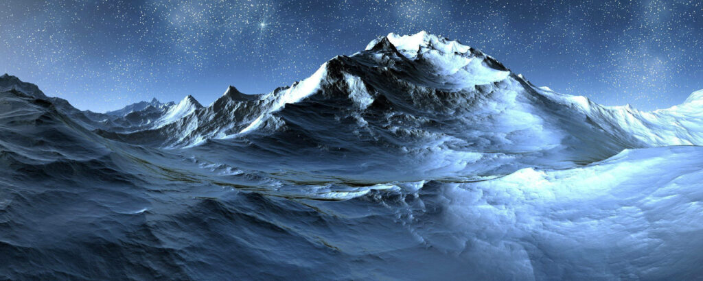 Majestic Alpine Heights: A Spectacular Night Sky Painting of a Snow-Capped Mountain Summit. Wallpaper