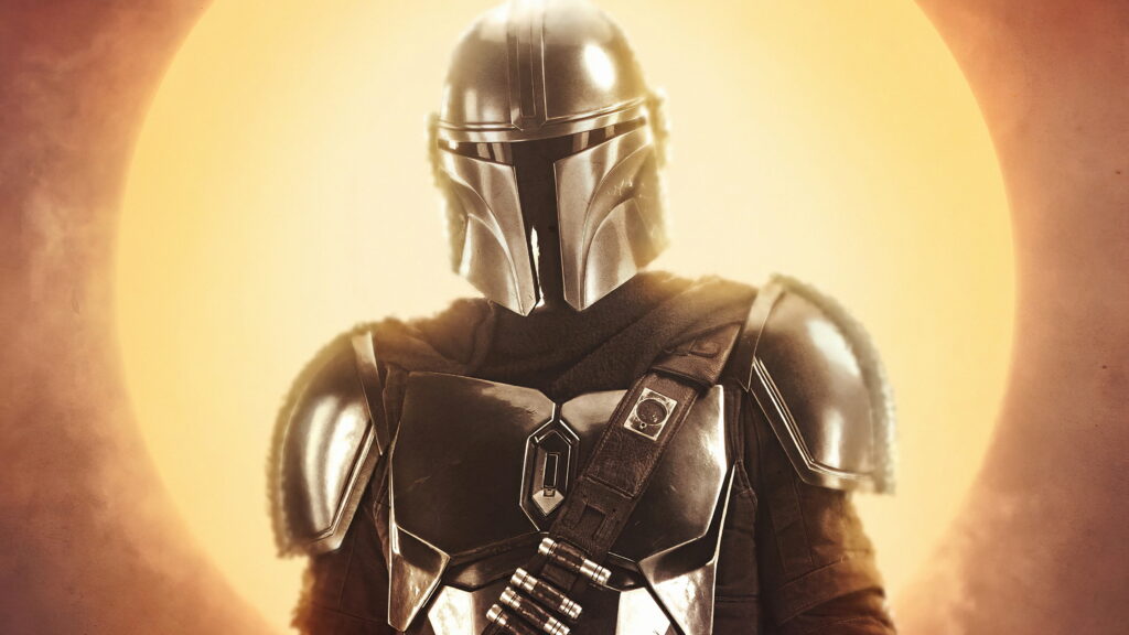 Din Djarin Mandalorian in gleaming beskar armor with golden sun cinematic wallpaper background