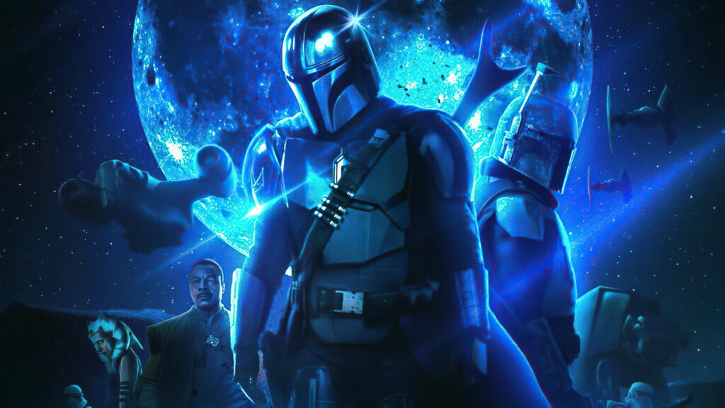 Epic Star Wars wallpaper with Din Djarin Ahsoka Tano Greef Karga and TIE fighters moonlight