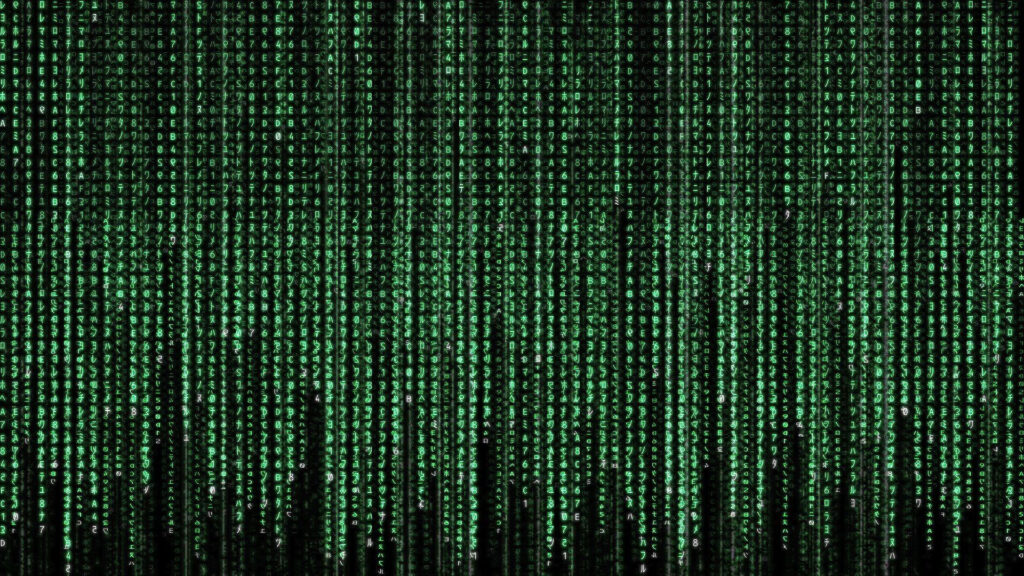 Cascading green digital code on black background Matrix style glowing virtual reality wallpaper