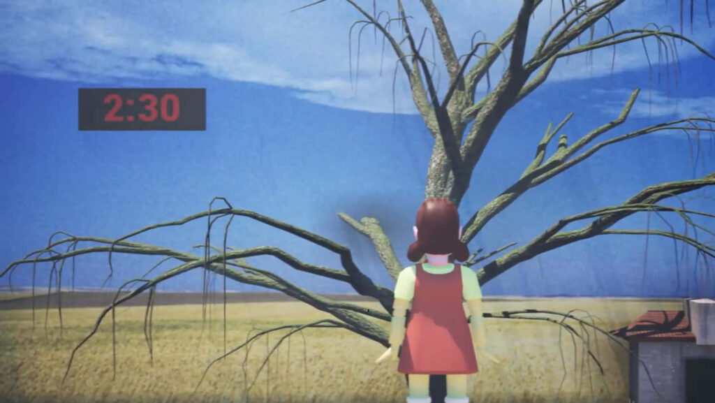 Capturing the Eerie Atmosphere of The Squid Game's Red Light, Green Light Game – A Haunting Timer Ticks Amidst the Melancholic Setting Wallpaper