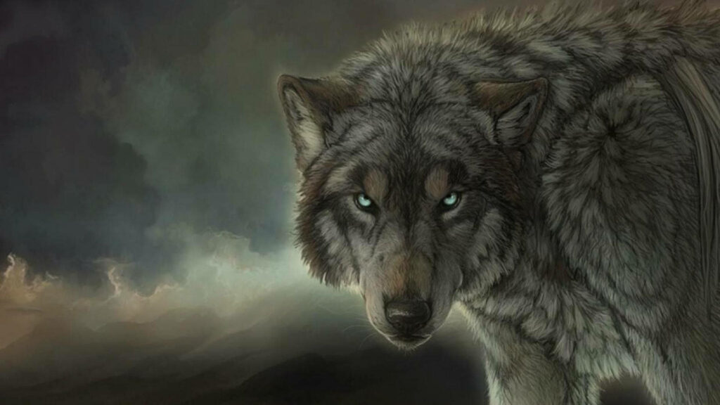 Dark digital art wallpaper of a gray wolf with glowing blue eyes and a fierce predatory gaze