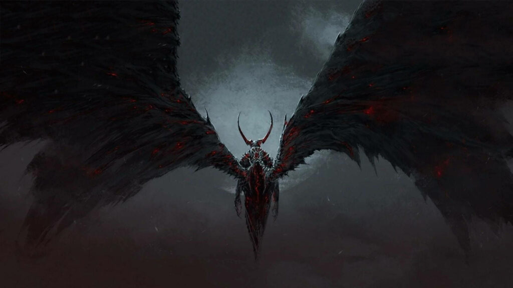 Demonic Departure: Sinister Devil Takes Flight Amidst Eerie Mist and Shadows Wallpaper