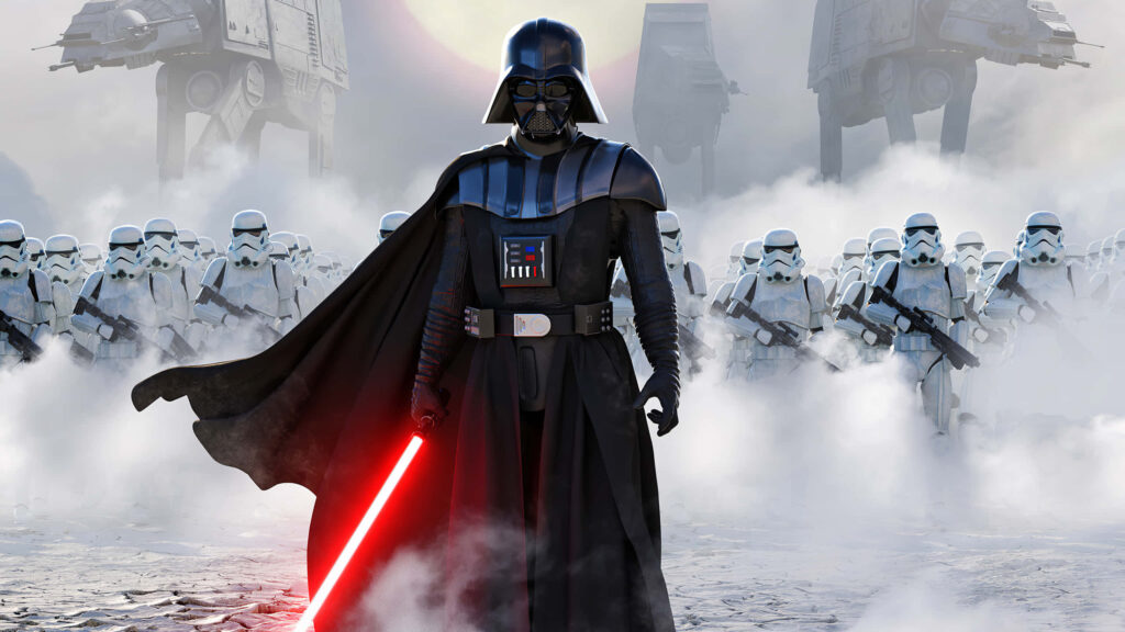 Marching Towards the Dark Side: Epic Darth Vader Wallpaper with Red Lightsaber Pike and Imperial Trooper Army