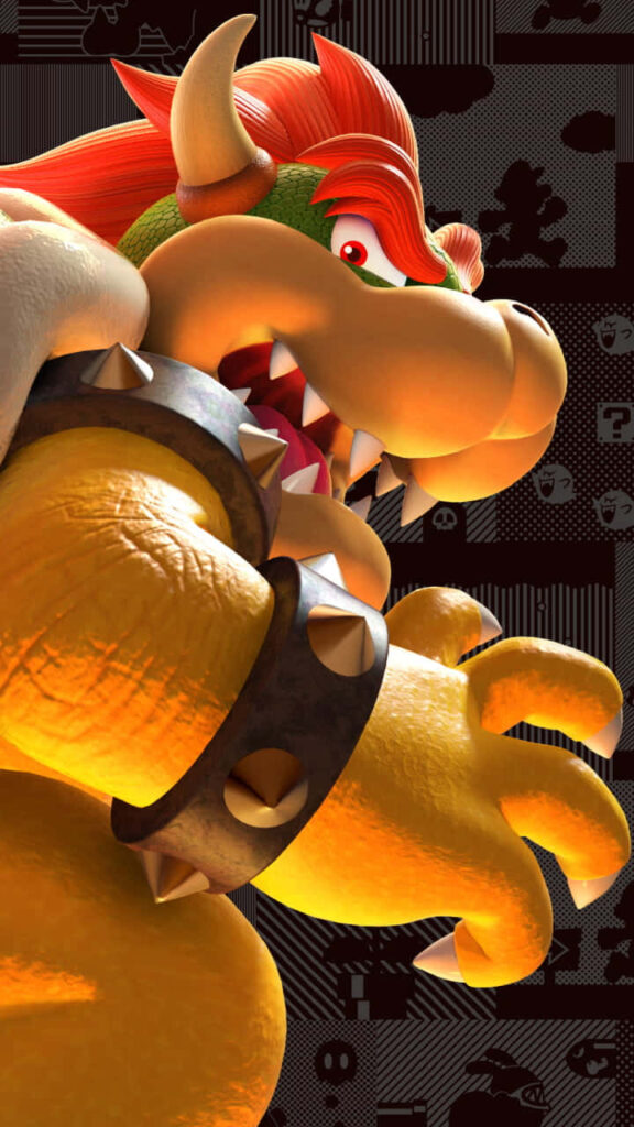 Close-up of Bowser from Super Mario with menacing expression spiked wristbands and orange scales Wallpaper