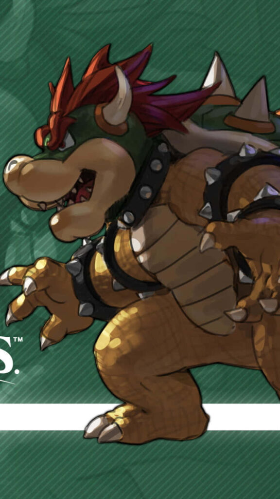 Dynamic Bowser illustration with fierce pose spiked shell on textured green background wallpaper