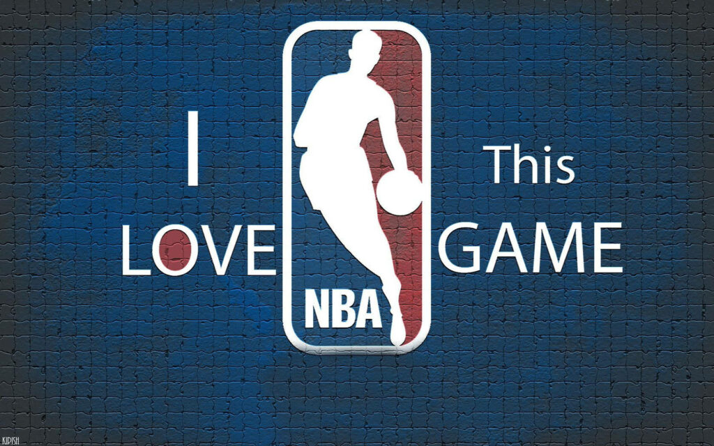 Passionate NBA Fan: I Love This Game Logo Wall Art on Red and Blue Brick Wall Background Photo Wallpaper