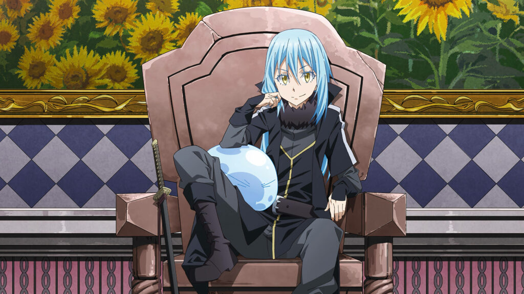 Ruler of the Slime Kingdom: Rimuru Tempest Smiling at his Throne Wallpaper