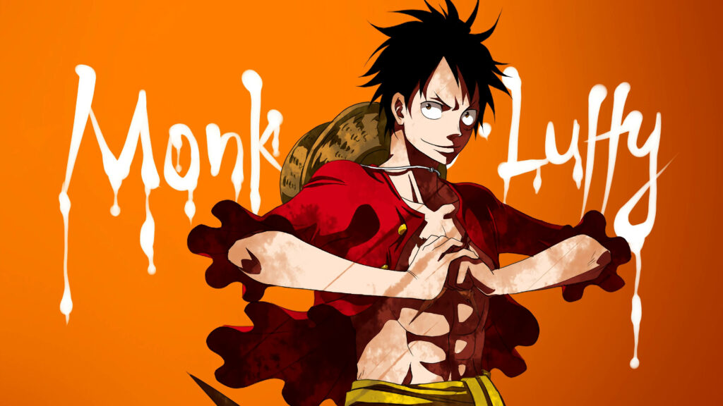 Vibrant Straw Hat Pirate: Luffy's Epic 4k Adventure on a Bold Orange Backdrop Wallpaper