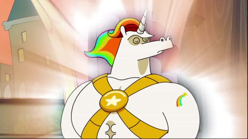 Muscular white unicorn with rainbow mane and golden harness glowing in vibrant 2D animation Wallpaper
