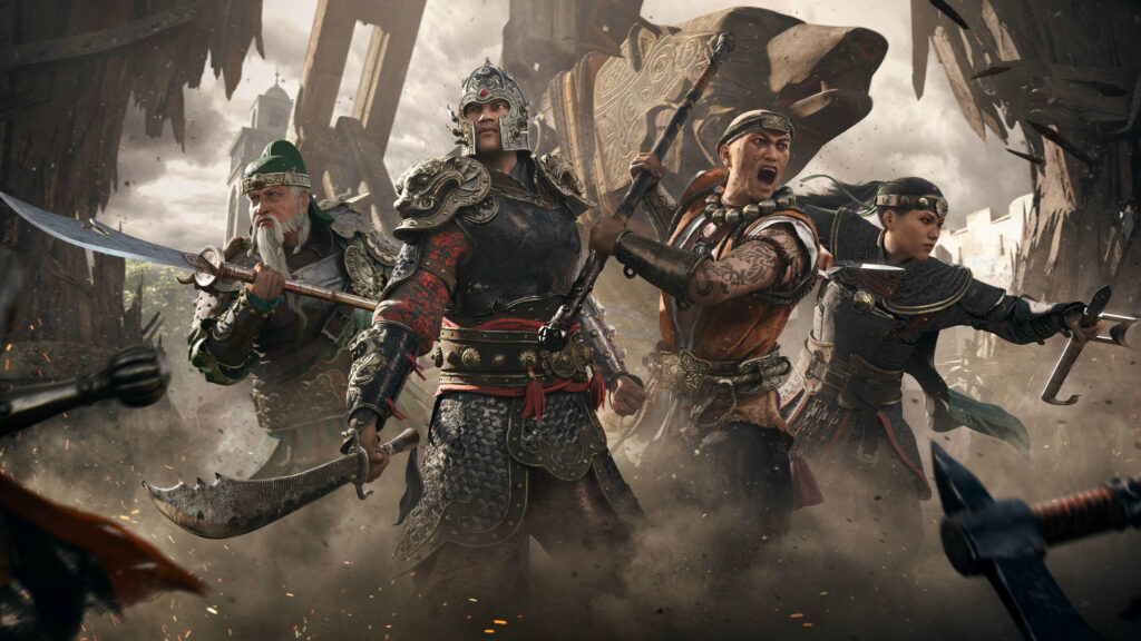 Wu Lin warriors charging into battle in traditional Eastern armor on chaotic battlefield in For Honor game Wallpaper