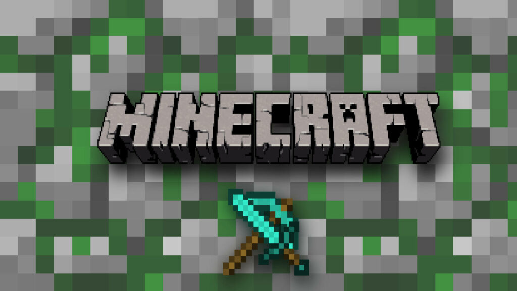 Pixelated Power: Minecraft Logo Takes Center Stage in a Vibrant Green Landscape with Crossed Sword and Pickaxe Wallpaper
