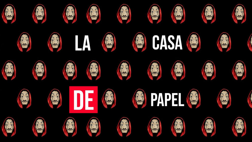 Boldly Displaying the Iconic Money Heist Mask on a Striking Black Canvas, Emblazoned with 'La Casa De Papel' Wallpaper