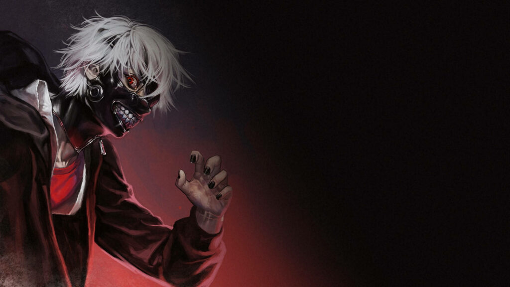 Shadowed Vigilante: Ken Kaneki - A Dynamic Anime Wallpaper for Boys, Unveiling the Crimson Power of Tokyo Ghoul, Encased in Red and Black