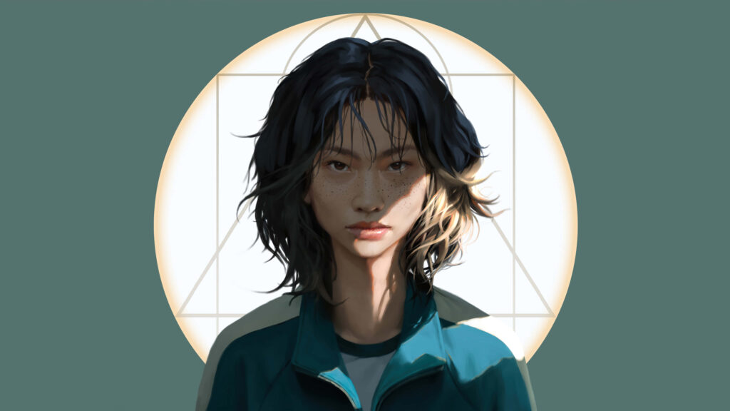 Kang Sae-byeok Squid Game digital art green tracksuit moody geometric wallpaper profile picture