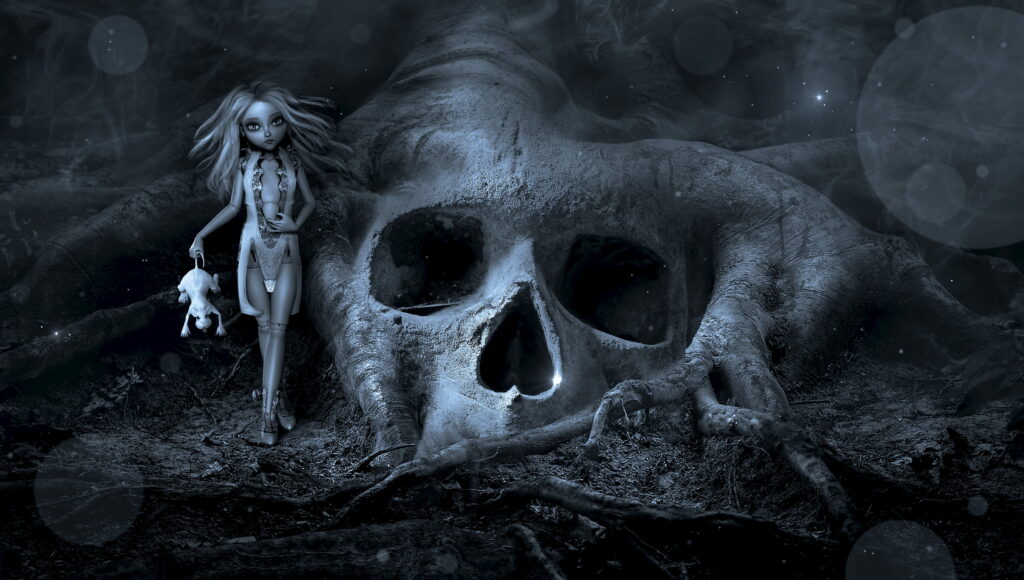 Mystical Roots of a Creepy Fantasy: A Gray Skull Doll in a Weird Horror Wallpaper Background Photo