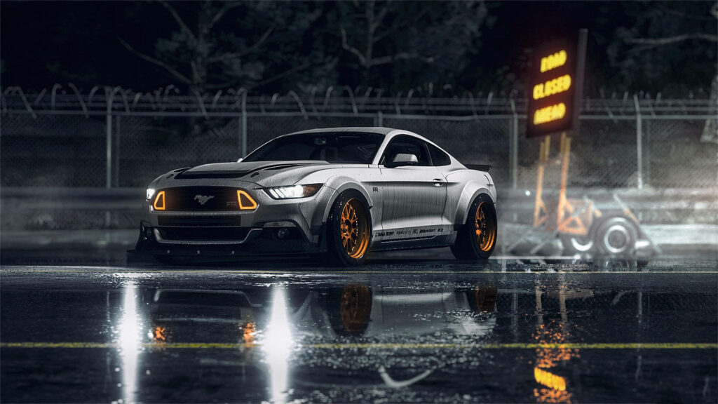 Gray Mustang GT: Rainy Day Speedster - Desktop Wallpaper