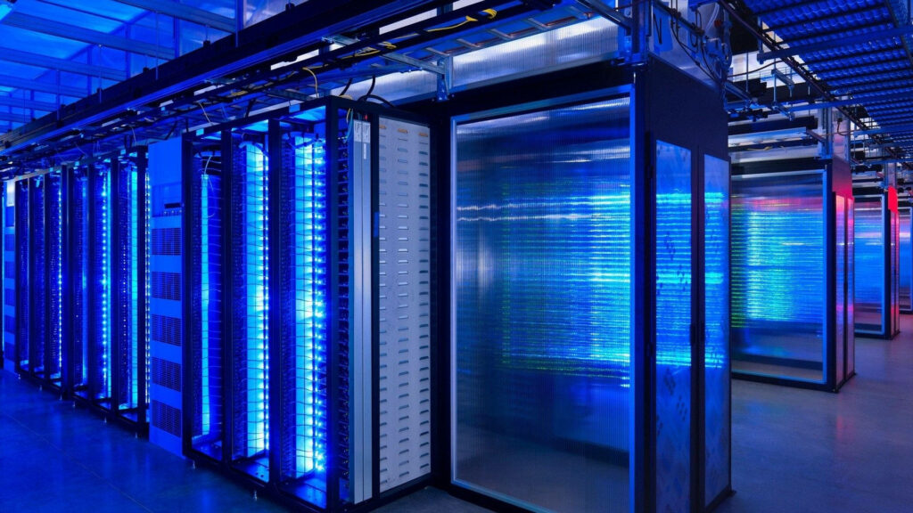 Behind the Scenes: Exploring the Cutting-Edge Modern Data Center with Interconnected Servers Wallpaper