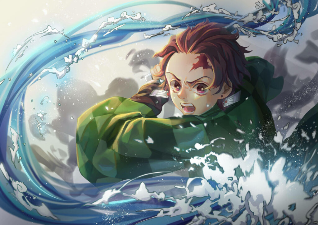Trace the Flow: Tanjiro's Ferocious Ninth Form - Demon Slayer Background Immersed in the Power of Splashing Water Wallpaper