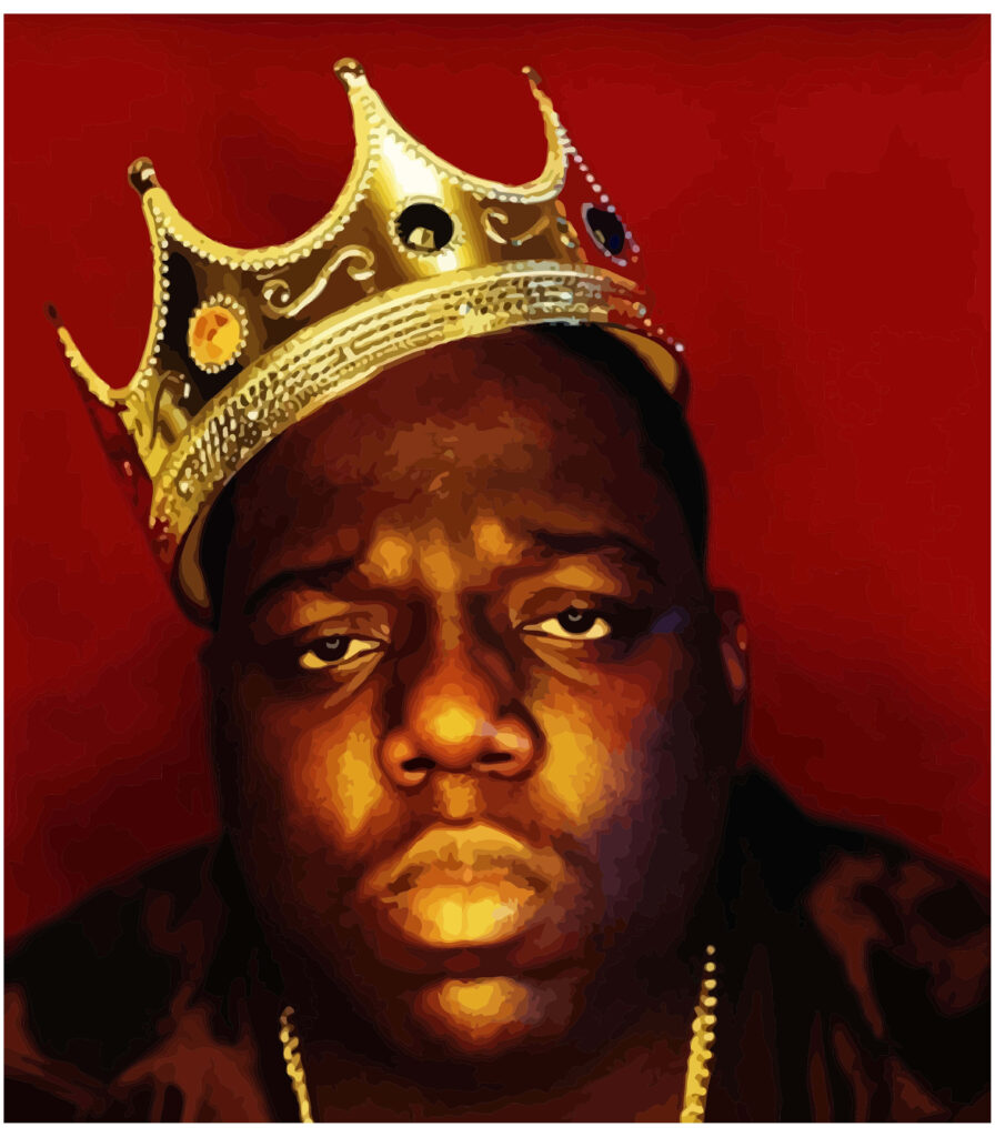 The Notorious Biggie Smalls portrait with gold crown on bold red background wallpaper