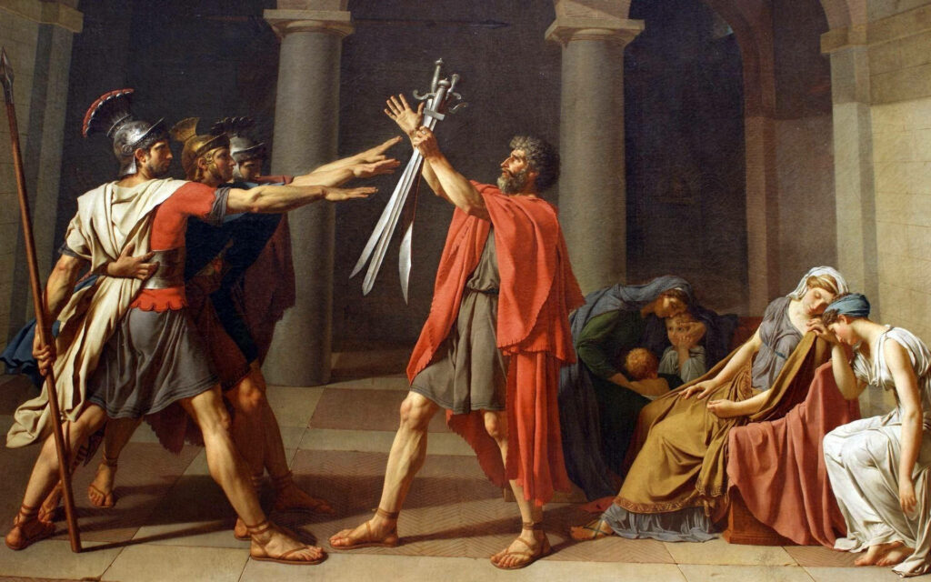 Neoclassical Painting Oath of the Horatii by Jacques-Louis David - Patriotic and Dramatic Image of Family Oath Against Alba Wallpaper