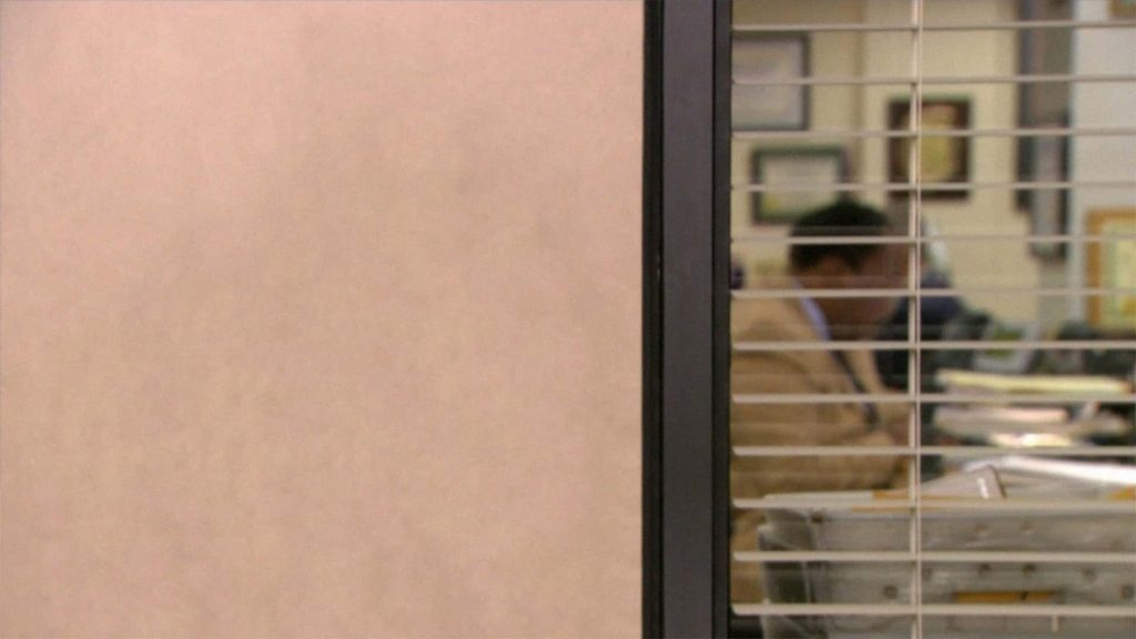 Dunder Mifflin Zoom background with office blinds view iconic The Office manager desk wallpaper