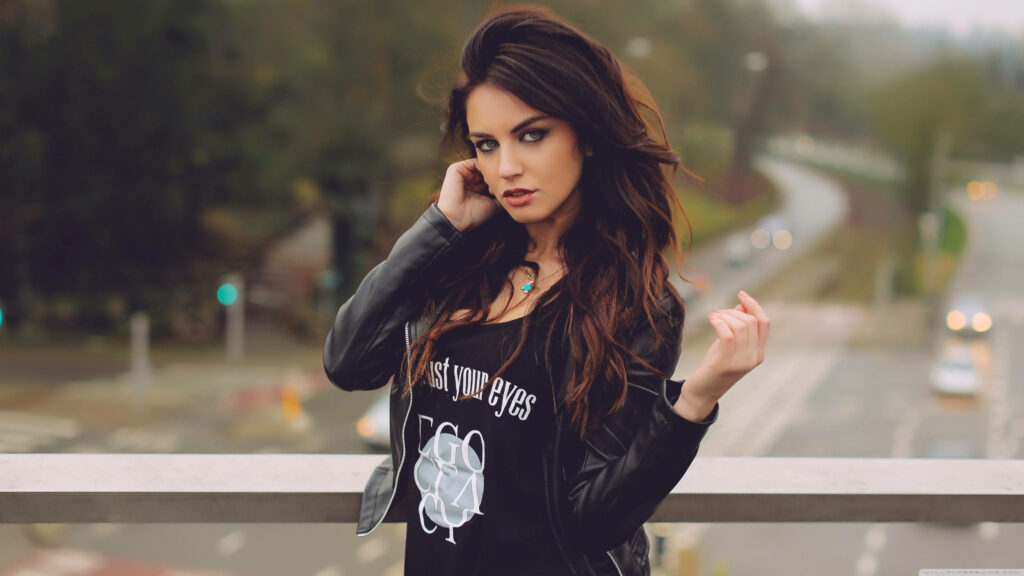 The Road Ruler: Stunning Hot Model on Overpass Wallpaper with Urban Backdrop
