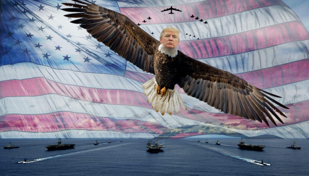 Trump Soaring with American Pride: A Comical Manipulation Uniting Power, Patriotism, and Avian Majesty Wallpaper