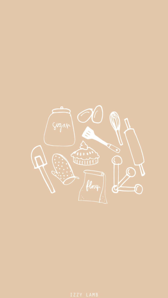 Minimalist white line art kitchen tools wallpaper by Izzy Lamb for cozy iPhone baking screens