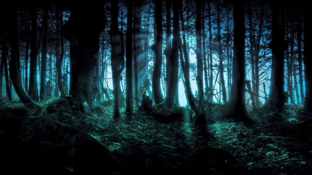 Phantasmagorical Shades: A Chilling Desktop Wallpaper of a Spooky Haunted Forest