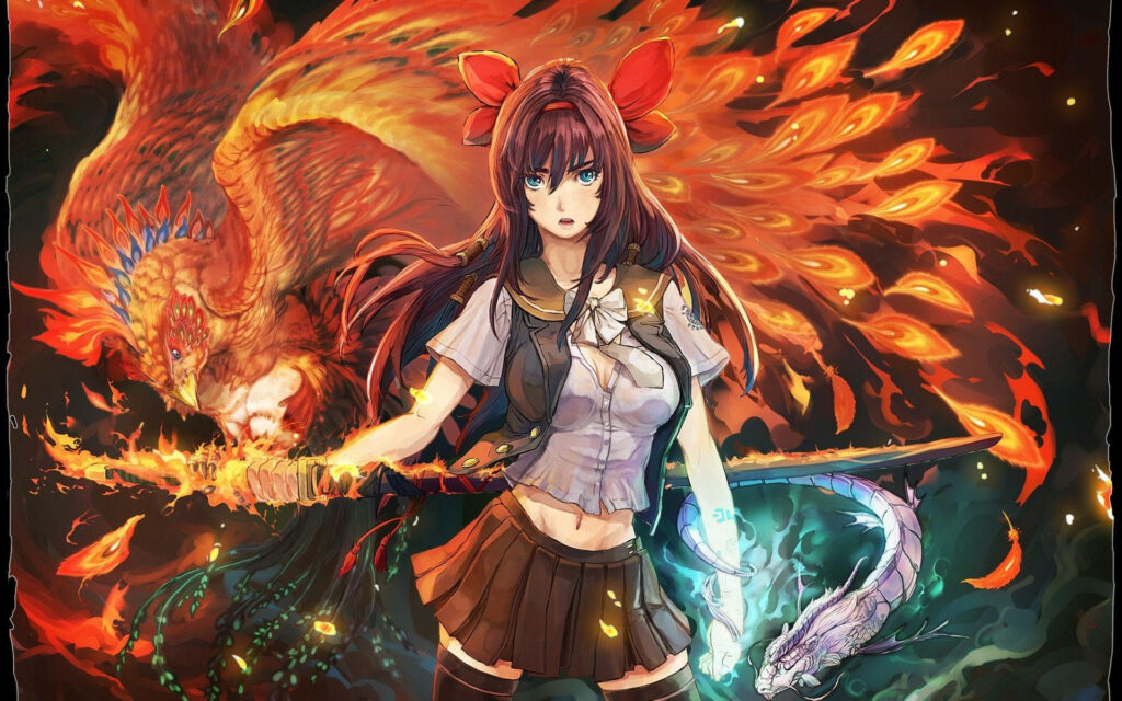 Rising from the Flames: The Enchanting Fire Anime Warrior Unleashes a Phoenix and Dragon Wallpaper