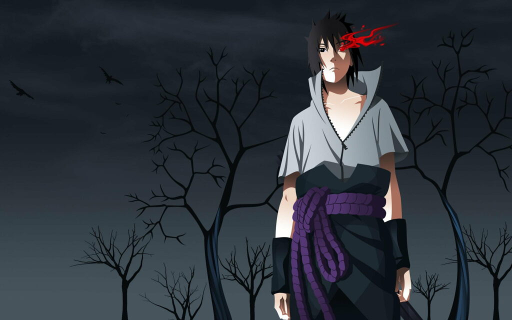 The Crimson Shinobi - A Mesmerizing Nightfall with Sasuke Uchiha Wallpaper