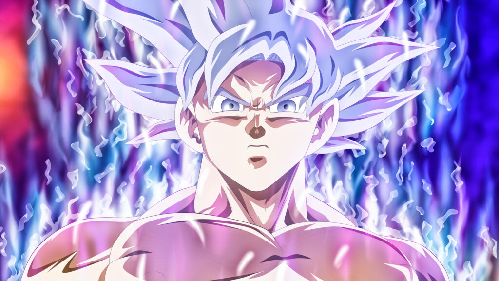 The Unstoppable Son Goku: Illuminating Ultra Instinct - Dynamic Wallpaper of Goku in Blue Shirt and Orange Pants
